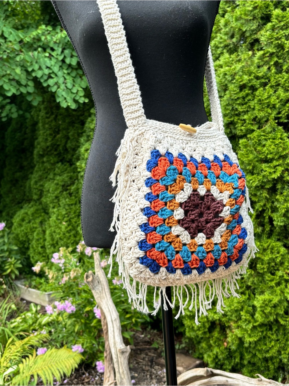 Handmade Cream Crochet Fringe Crossbody Bag with Multicolor Square